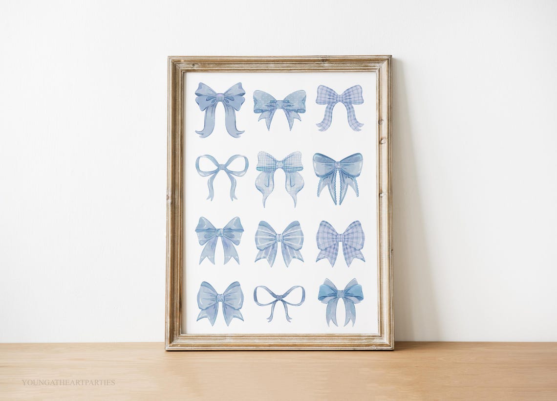 Blue Watercolor Bow Grid Coquette Nursery Decorative Art Poster