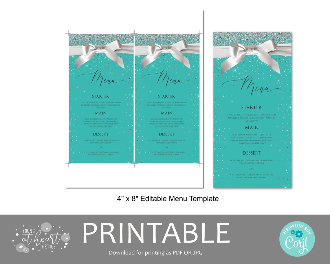 Bride Co Blue Silver Glitter Satin Bow Menu Card Template Print - Image 2