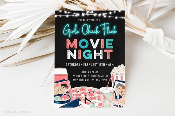 Girls Chick Flick Movie Night Invitation Neon Black Pink Cinema Party Poster