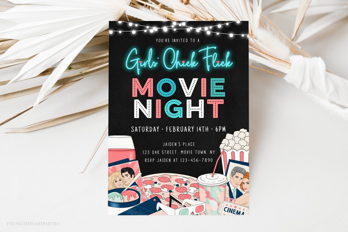 Girls Chick Flick Movie Night Invitation Neon Black Pink Cinema Party Poster