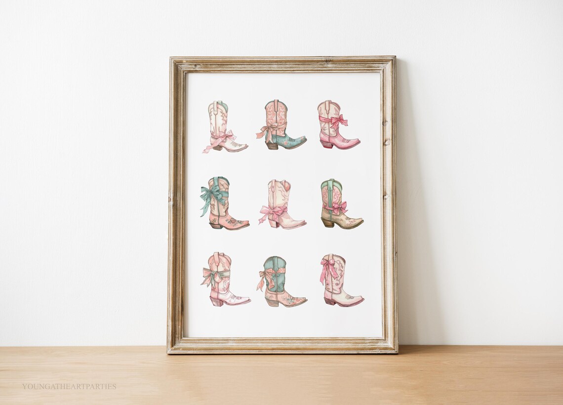 Pastel Cowgirl Boots Watercolor Bows Western Bedroom Wall Art