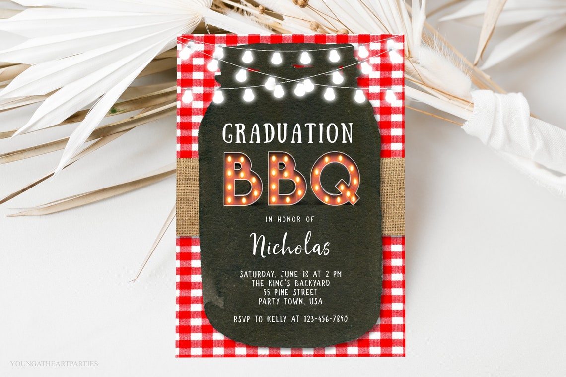 Rustic Graduation BBQ Party Invitation With Mason Jar Lights Poster
