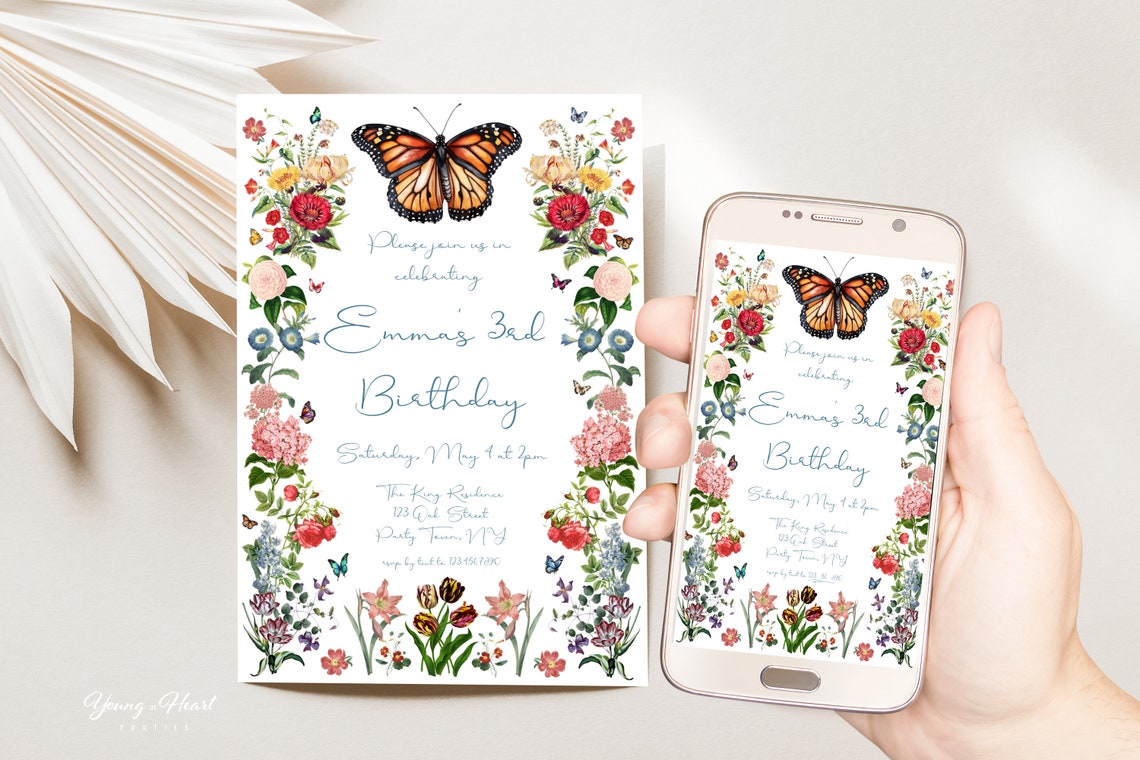 Butterfly Garden 3rd Birthday Invitation Monarch Floral Party Print - Image 5