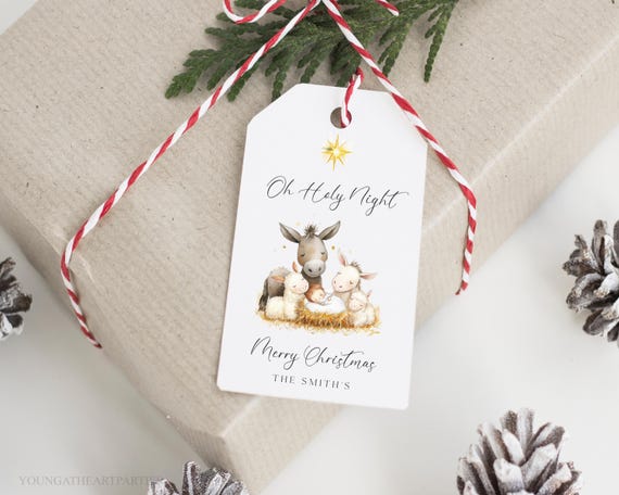 Cute O Holy Night Merry Christmas Gift Tag Editable Nativity Scene Christmas Gift Tag Christian Christmas Gift Tag Template