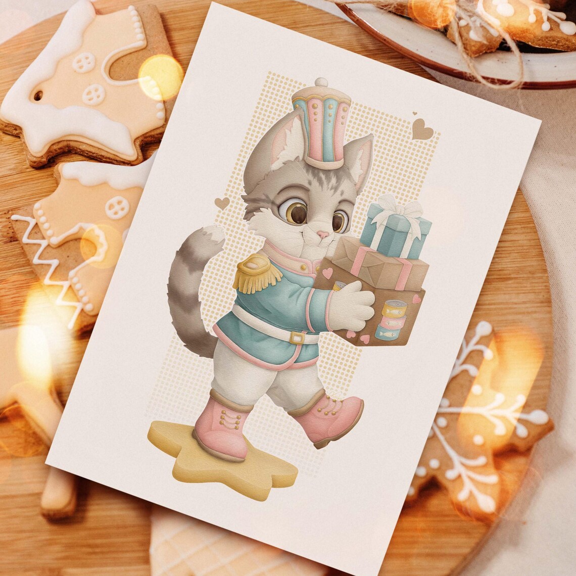 Cute Cat Nutcracker Carrying Christmas Gifts Adorable Holiday Postcard Print