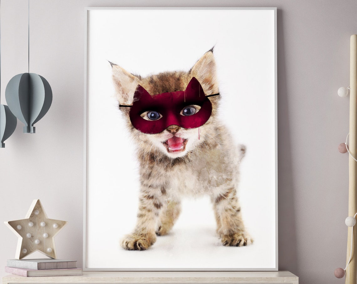 Superhero Kitten Wearing a Red Mask Cute Nursery Decor Art Poster