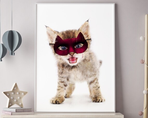 Superhero Kitten Wearing a Red Mask Cute Nursery Decor Art Poster