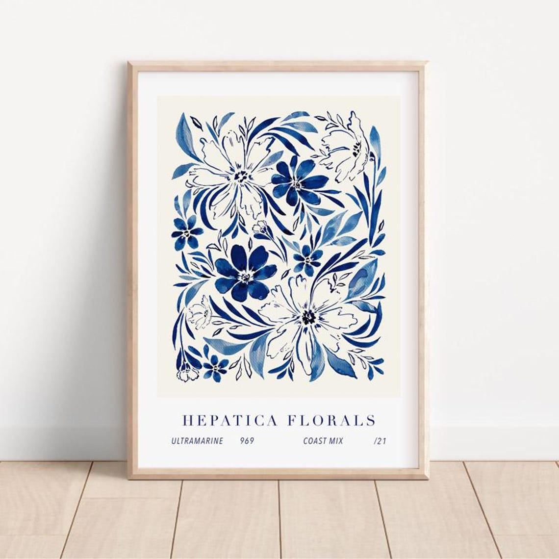 Hepatica Floral Ink Print, Modern Blue Botanical