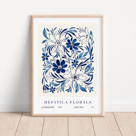 Hepatica Floral Ink Print, Modern Blue Botanical
