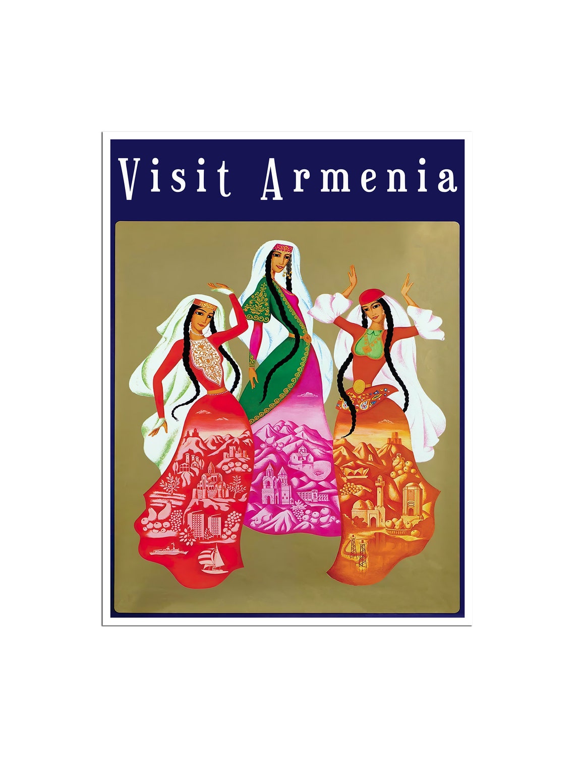 Visit Armenia Folk Dancers Costume Vintage Soviet Travel Poster