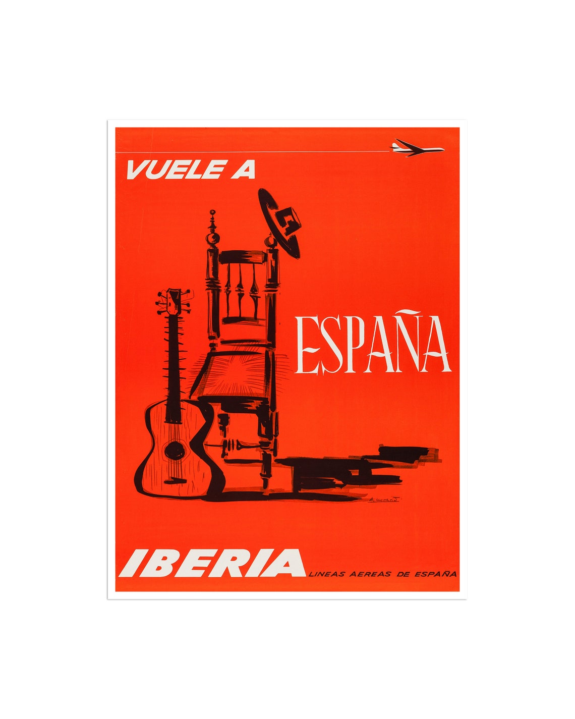 Vuele A Espana Iberia Orange Guitar Chair Hat Airline Poster