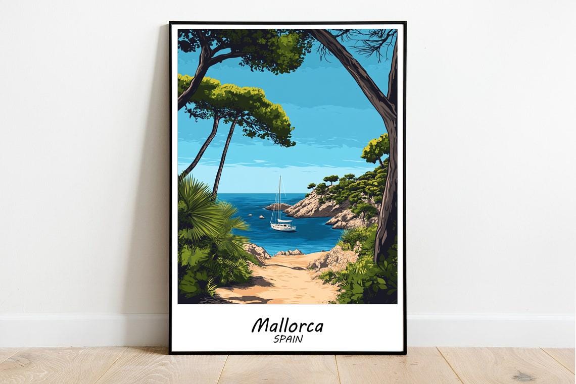 Mallorca Spain Turquoise Cove Cliffs Pine Trees Travel Poster - Image 3