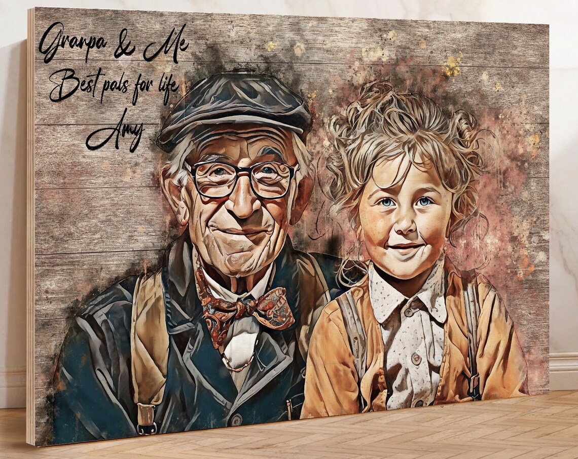 Granpa and Me Amy Best Pals Portrait Dark Wood Watercolor Poster