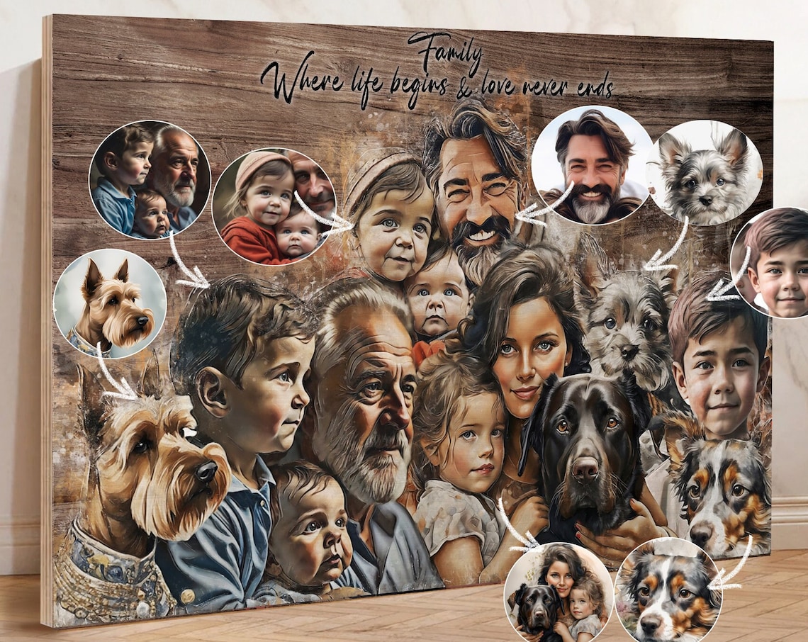 Family and Dogs Multi Photo Watercolor Collage Family Quote Poster