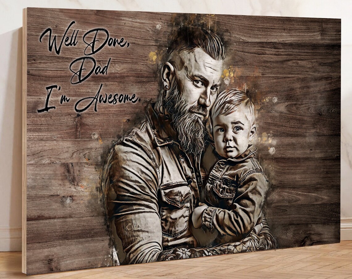 Bearded Dad and Toddler Son Wood Texture Funny Fathers Day Poster