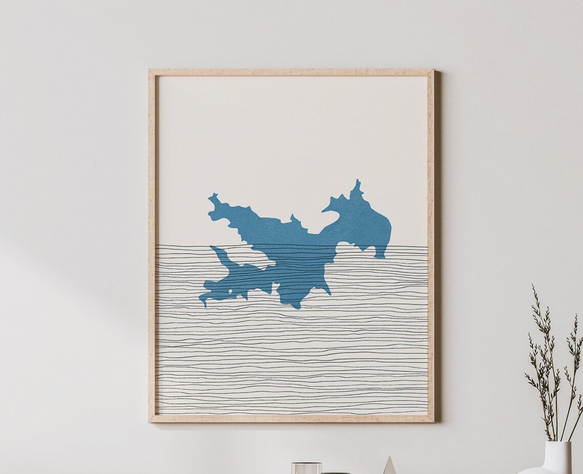 Lake Arrowhead Boho Minimalist Blue Water Line Art Lakehouse Poster