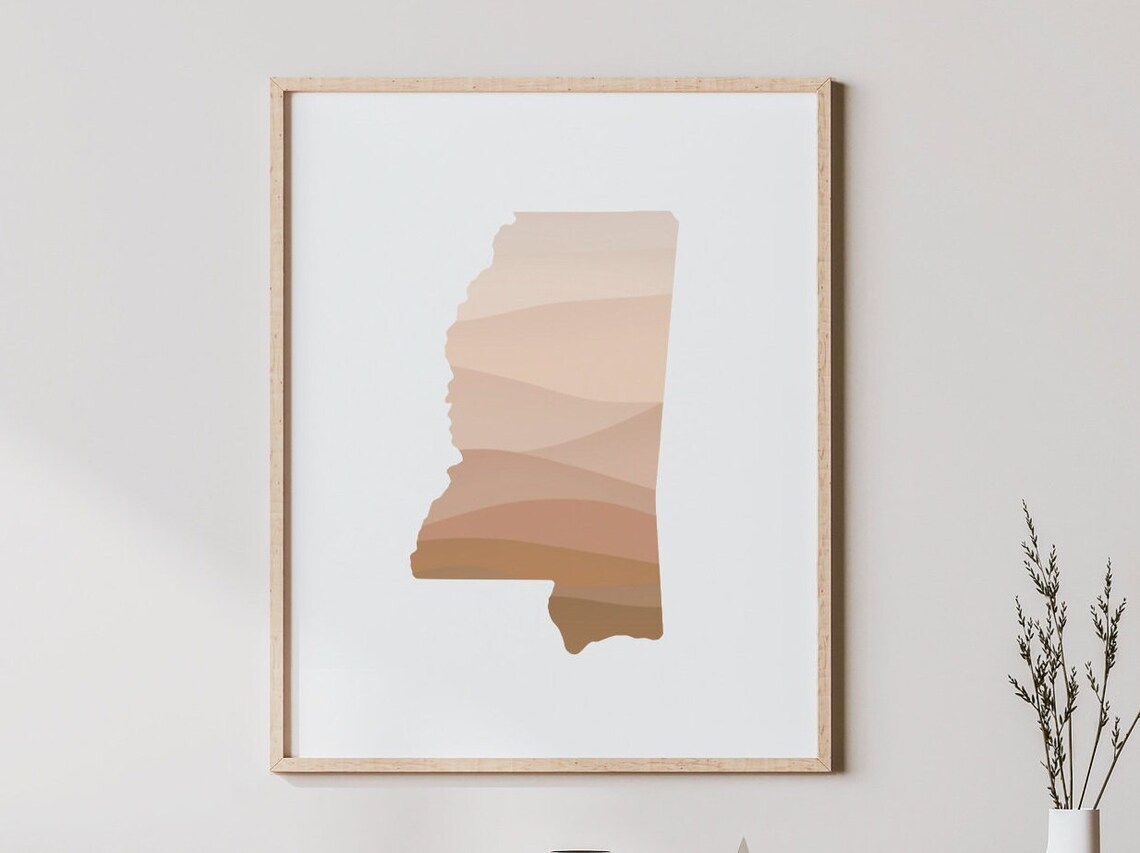 Mississippi State Silhouette Beige Waves Minimalist Boho Home Decor Poster