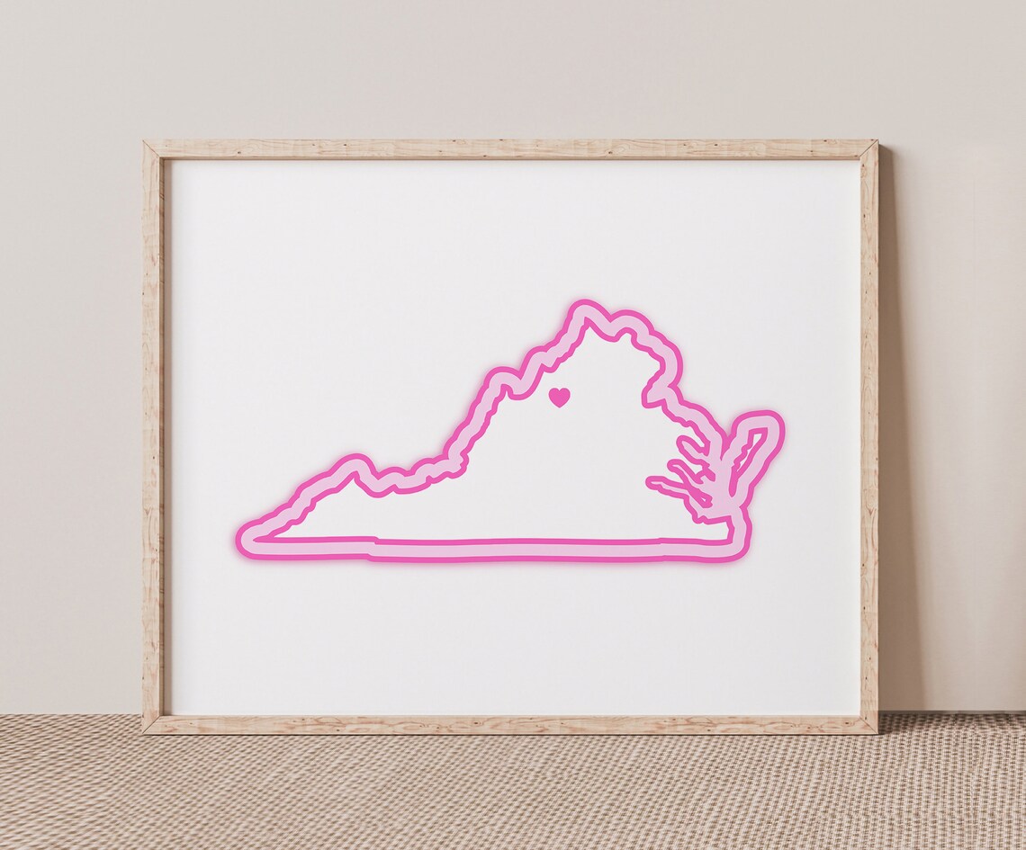 Virginia State Neon Pink Outline Heart Map College Town Art Poster