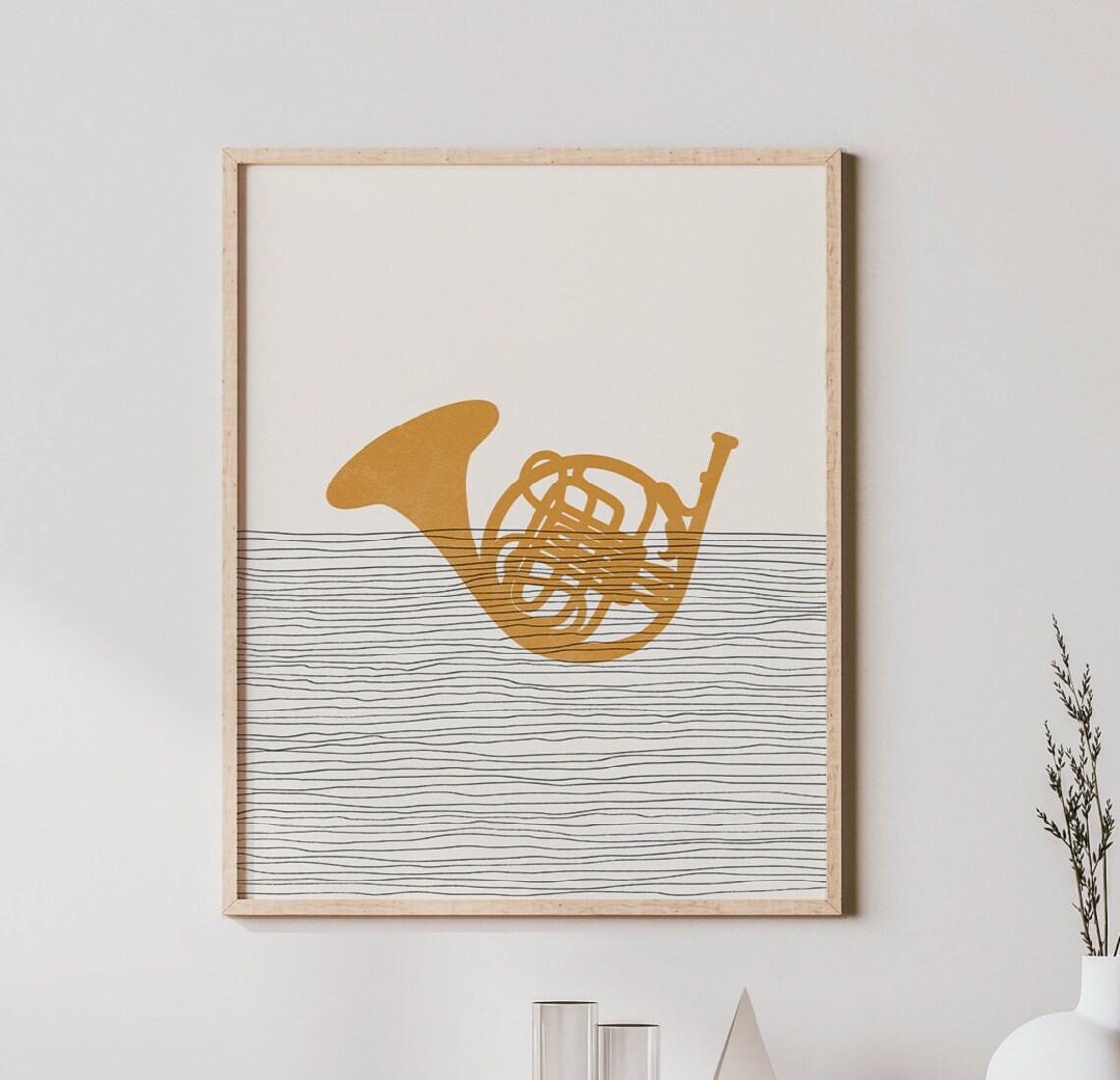 Minimalist French Horn Gold Instrument Boho Music Decor Poster