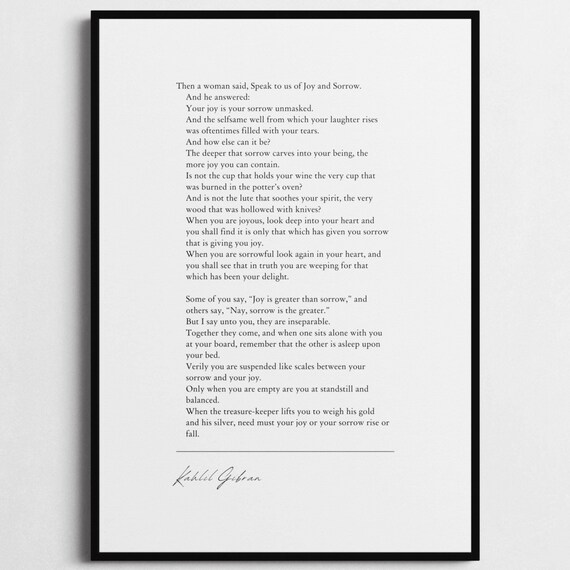 Kahlil Gibran On Joy And Sorrow The Prophet Literary Quote Poster