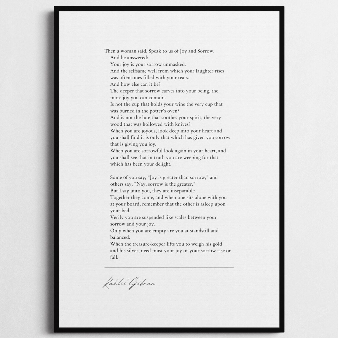 Kahlil Gibran On Joy And Sorrow The Prophet Literary Quote Poster