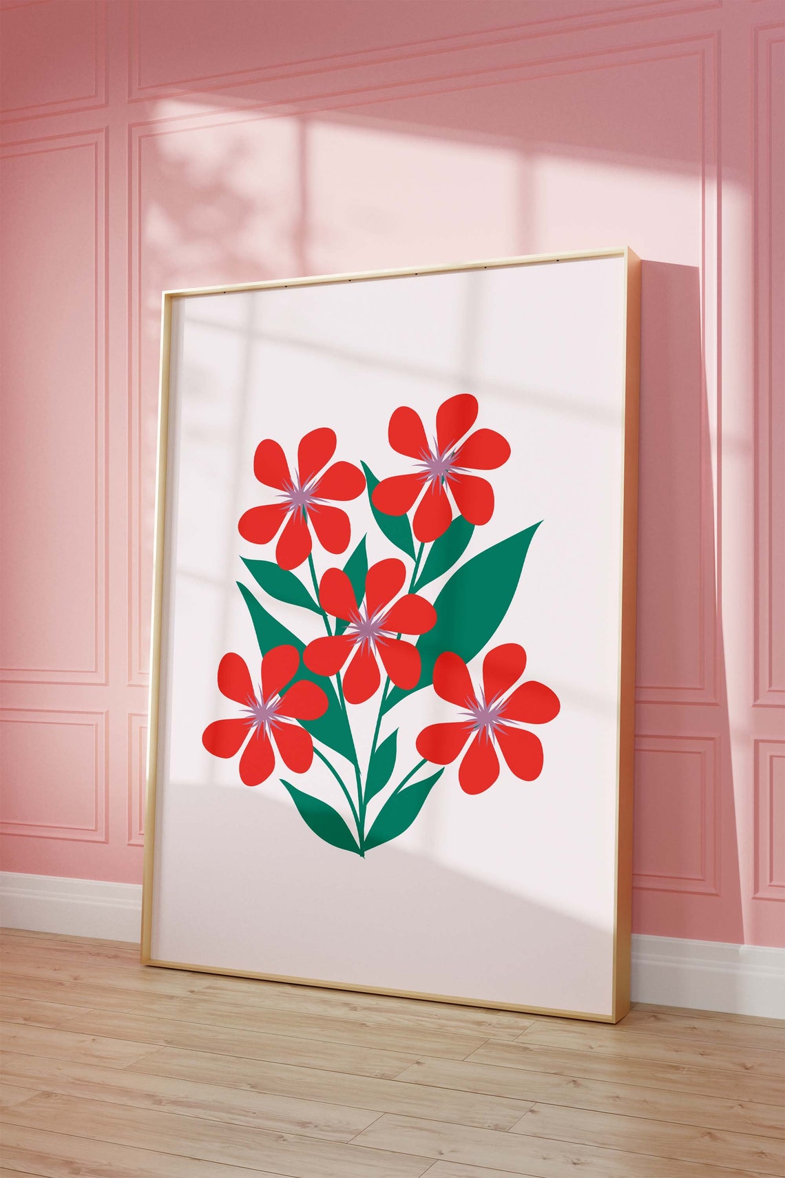 Red Flower Botanical Green Leaves Modern Kitchen Room Art Poster