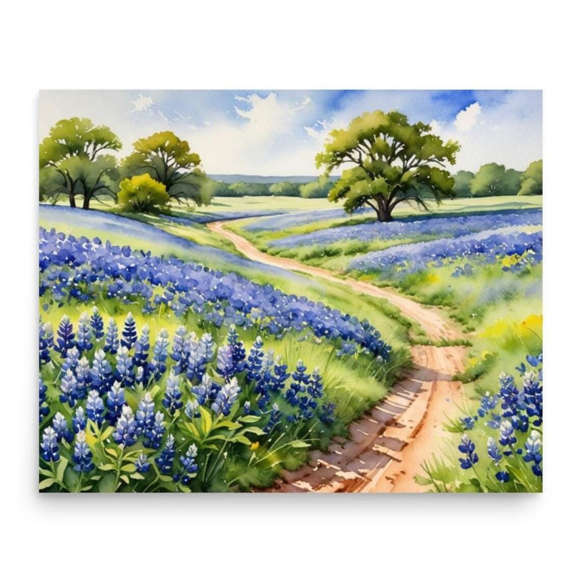 Bluebonnet Meadow Watercolor Art Print, Texas Road