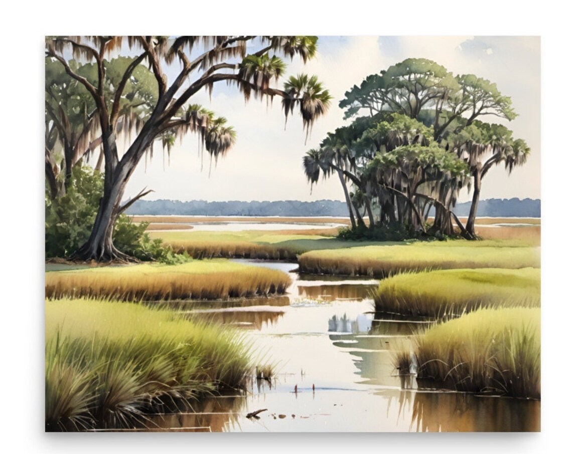 Marsh Painting Charleston Lowcountry Watercolor Art Print Salt Marsh Wall Art South Carolina Lowcountry Landscape Poster Trees In Swamp Art