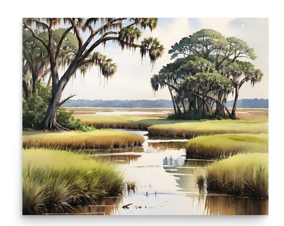 Marsh Painting Charleston Lowcountry Watercolor Art Print Salt Marsh Wall Art South Carolina Lowcountry Landscape Poster Trees In Swamp Art