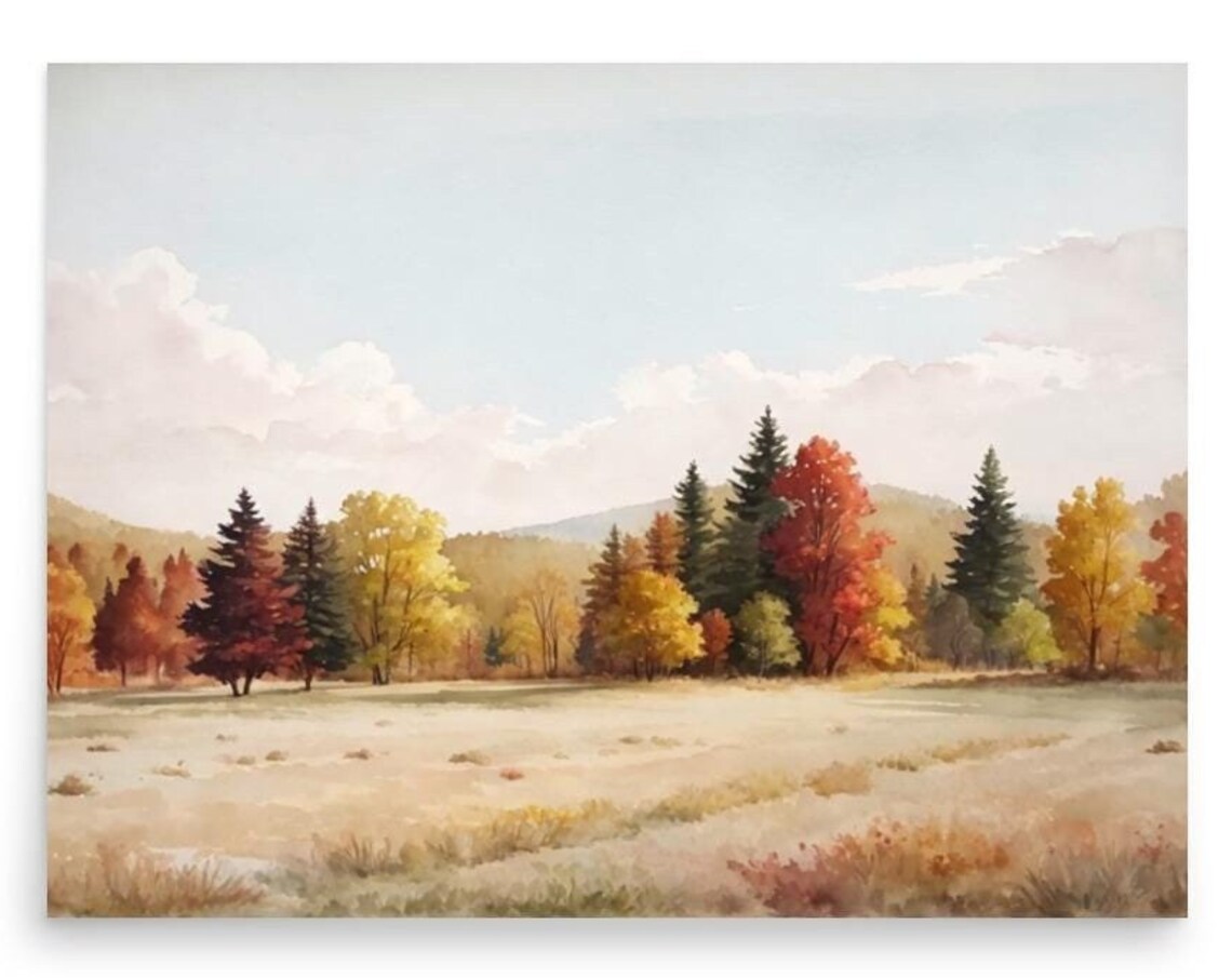 Autumn Forest Meadow Watercolor Fall Trees Panoramic Landscape Poster