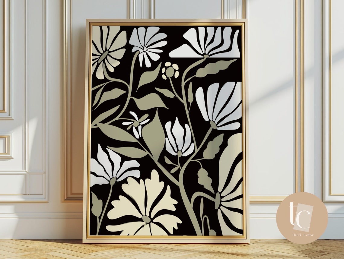 White Blossom Botanical Silhouette on Black Dramatic Floral Poster