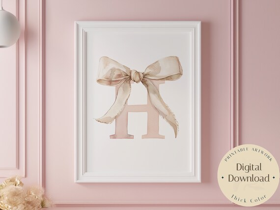 Letter H Watercolor Bow Ribbon Nursery Baby Girl Room Poster