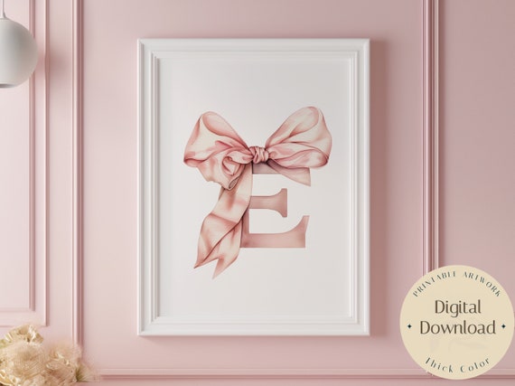 Baby Initial Pink E Watercolor Nursery Vintage Bow Print Ribbon Wall Art Prints Girl Decor Alphabet