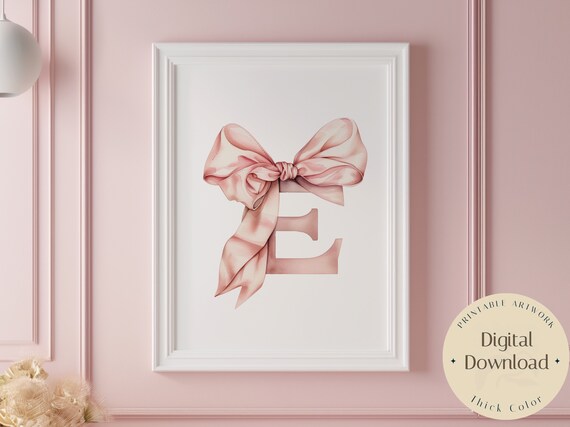 Blush Pink Watercolor Letter E Satin Bow Nursery Initial Dreamy Poster