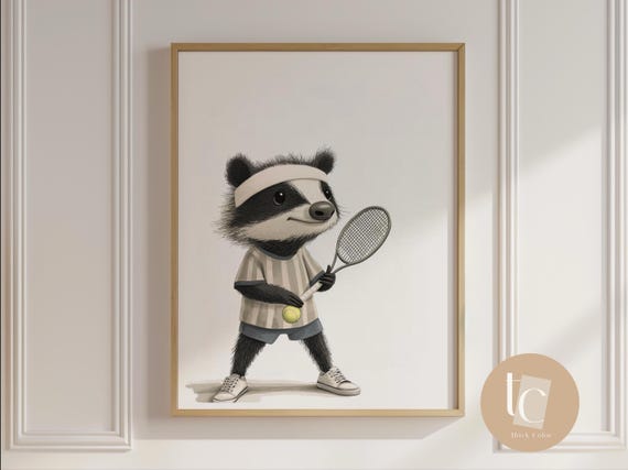Cool Meerkat Playing Tennis Retro Kids Nursery Wall Art Playful Childrens Decor Whimsical Animal