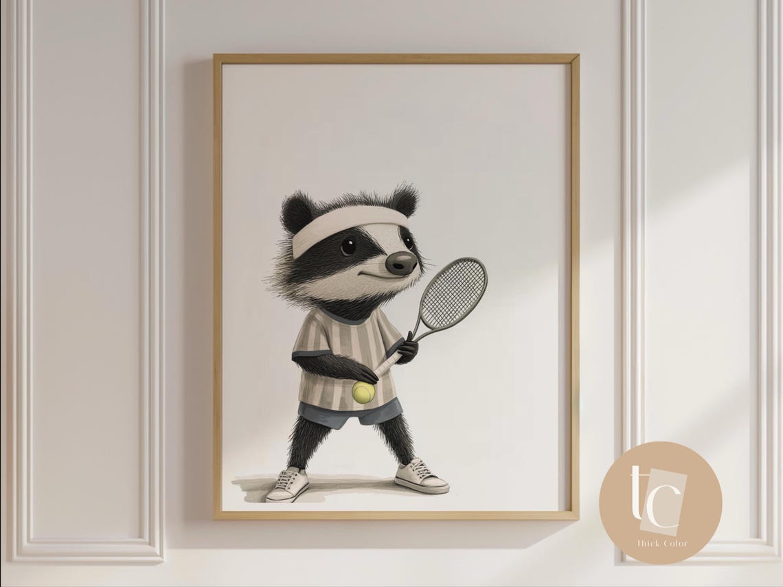 Cool Badger Playing Tennis in Sneakers Retro Nursery Fun Poster