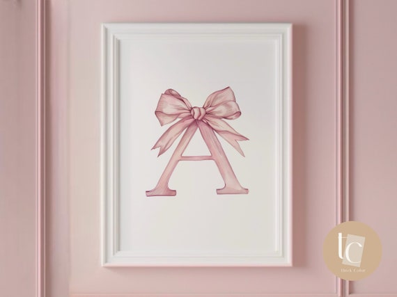 Baby Initial Pink A Watercolor Nursery Vintage Bow Print Ribbon Wall Art Prints Girl Decor Alphabet