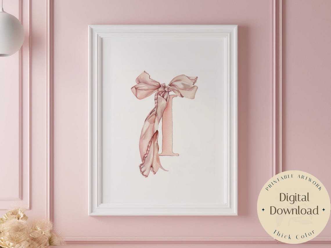 Pink Ribbon Initial Letter I Watercolor Monogram Nursery Poster