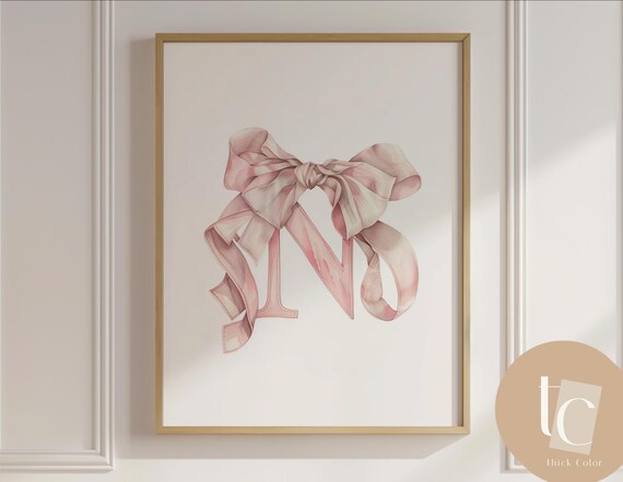 Pink Ribbon Initial Letter N Watercolor Monogram Nursery Poster