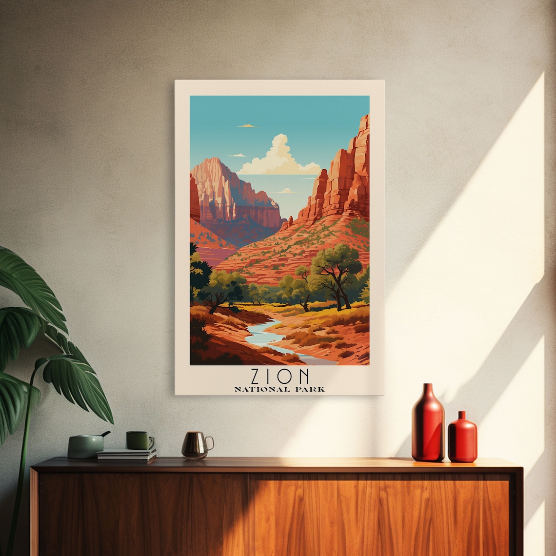 Zion National Park Red Rock Cliffs Desert Stream Travel Poster