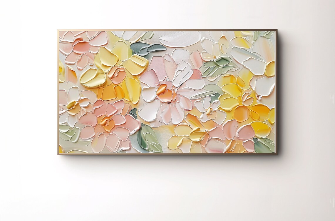 Pastel Floral Impasto Painting Print with Pink and Yellow Blooms