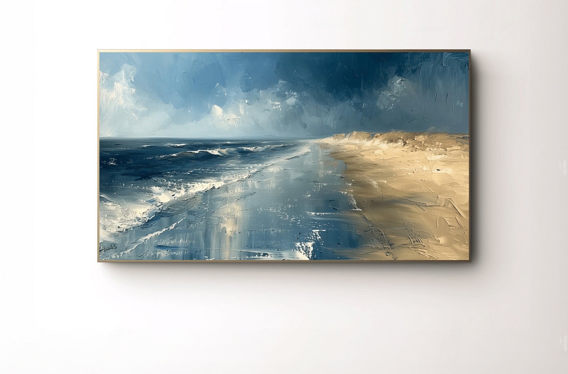 Moody Blue Ocean Beach Scene Painting Art Print with Stormy Sky