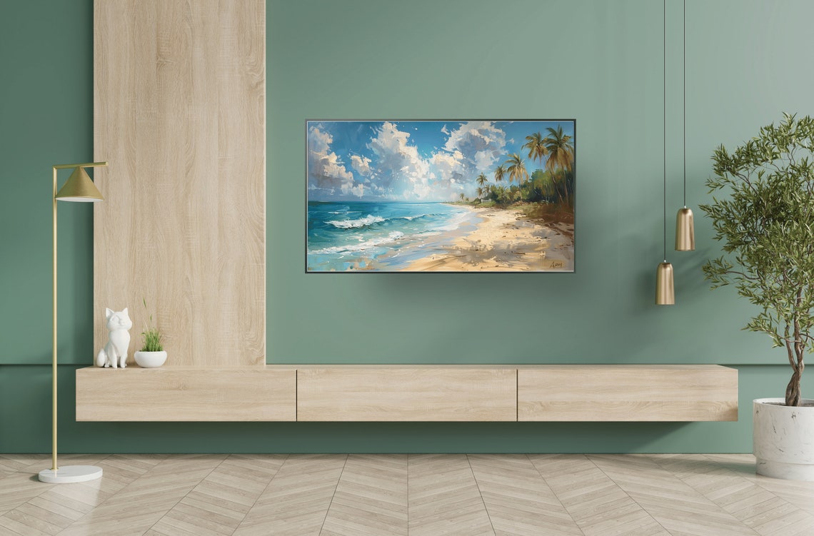 Tropical Palm Tree Beach Paradise Painting Print Turquoise Ocean - Image 2
