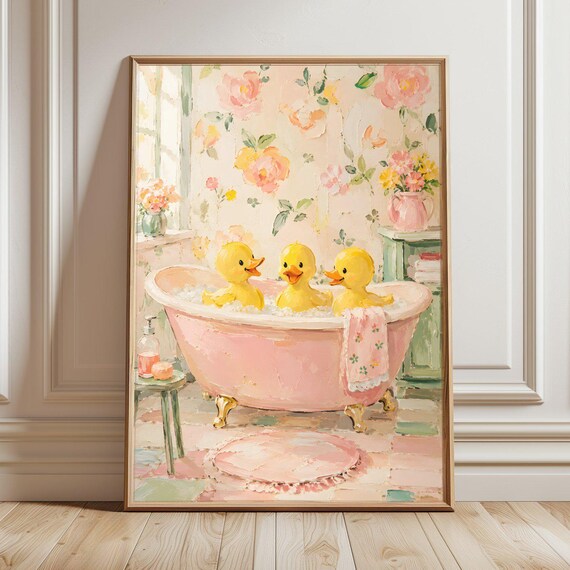 Three Ducklings in a Pink Bathtub Soft Pastel Nursery Poster