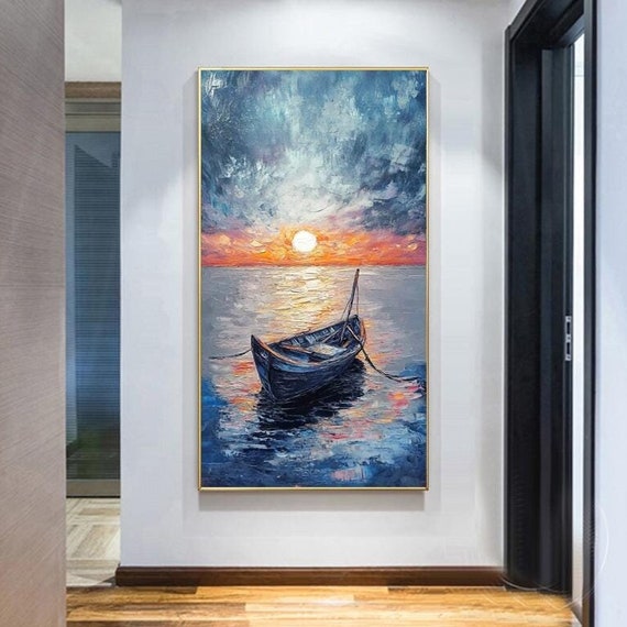 Hand Painted Abstract Seascape Oil Painting Sunrise With Sailboat Modern Minimalist Wall Art For Living Room Entryway Dining Room