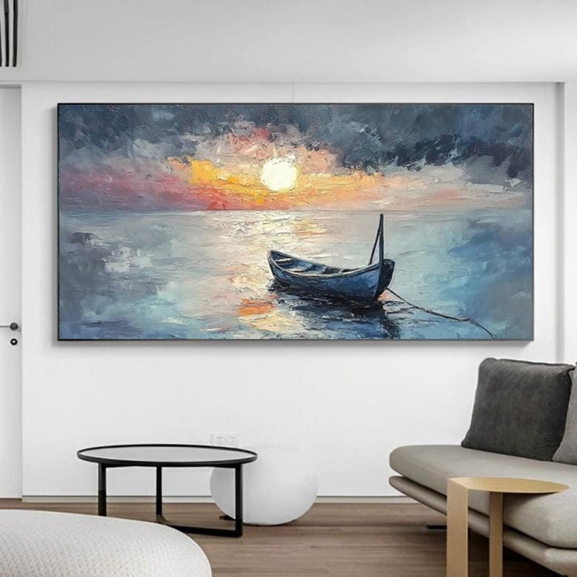 Lone Wooden Boat Drifting Under Moonlight On Calm Night Sea Art Poster - Image 6