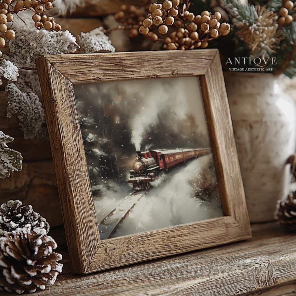Red Steam Locomotive In Winter Snow Square Vintage Train Art Poster - Image 3