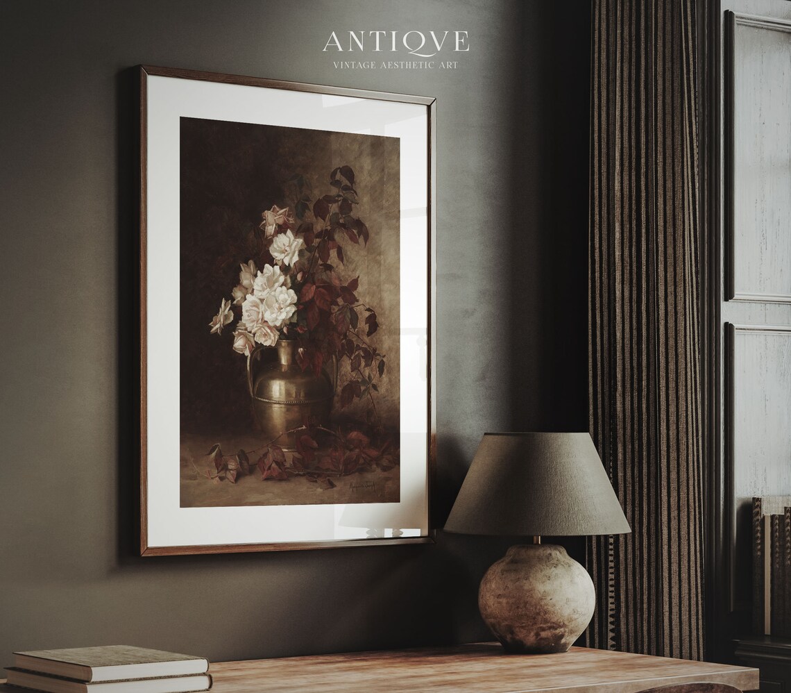 Moody Vintage Floral Still Life, White Roses Art Print - Image 3