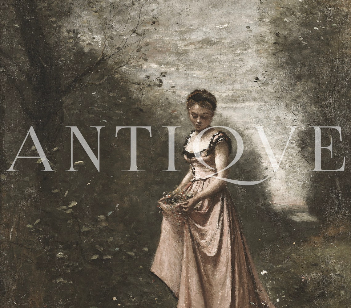 Moody Vintage French Country Painting Girl In Forest With Long Pink Dress Spring Bedroom Art Print 733 - Image 2