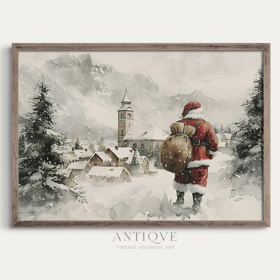 Santa Claus Walking To Snowy Village Watercolor Christmas Art Poster